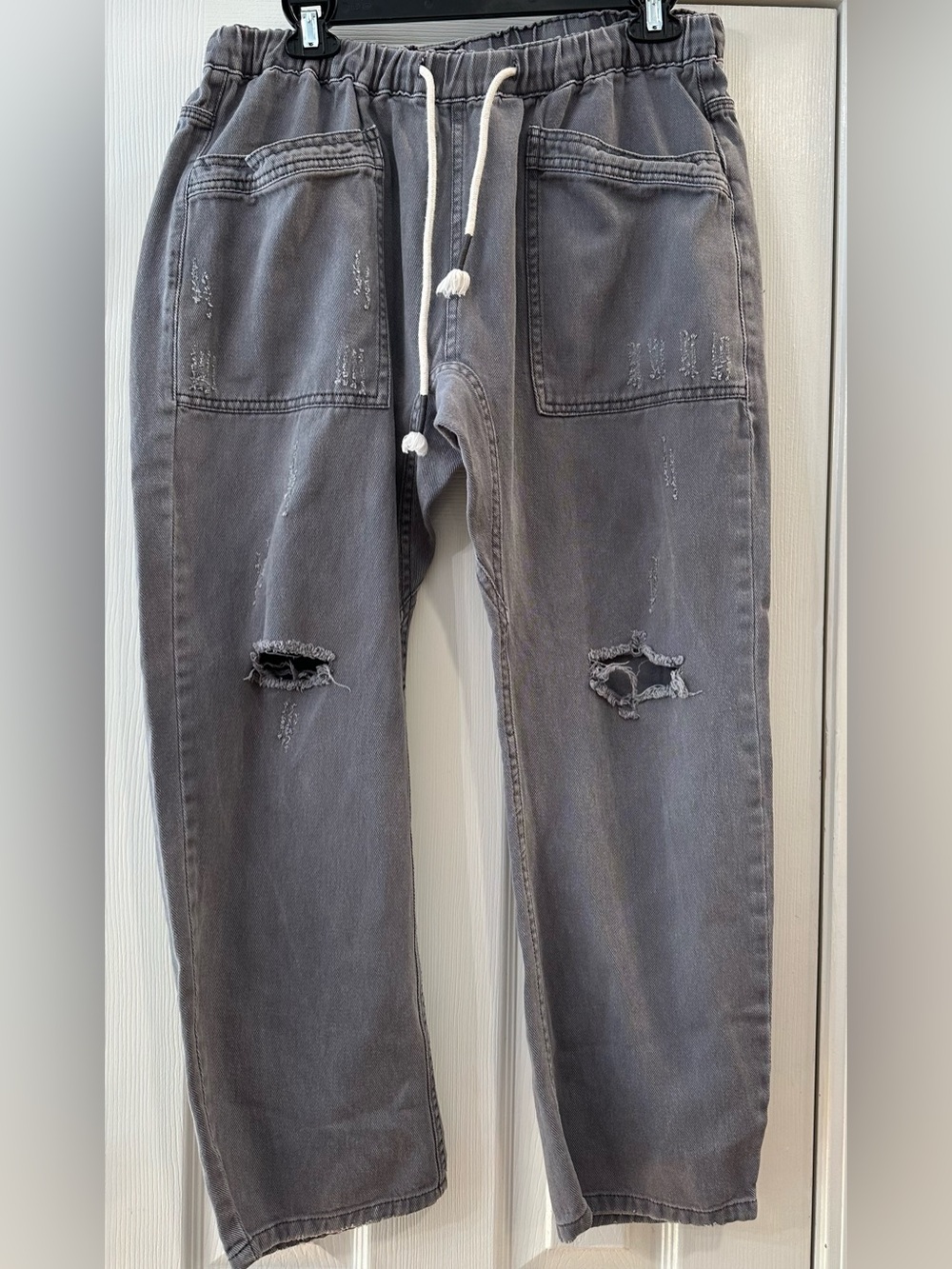 Mustard Seed Gray cotton Drawstring pull on pants Distressed sz large boho beach